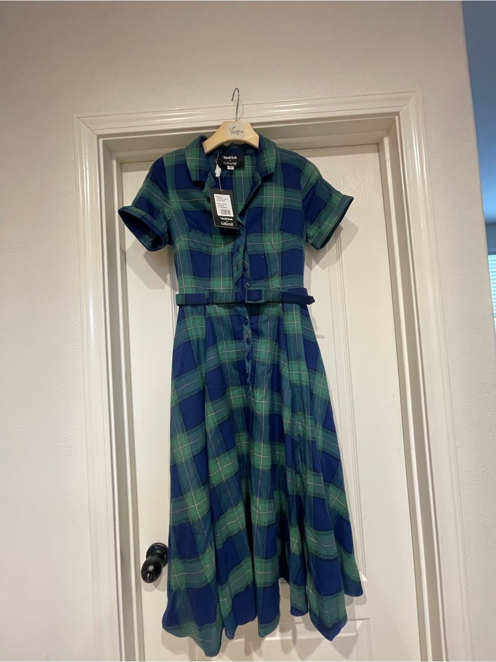 Collectif Green and Navy Plaid Midi Dress